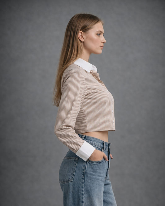 CLASSIC PINSTRPE BEIGE CROP SHIRT