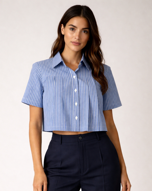Striped pleated crop shirt