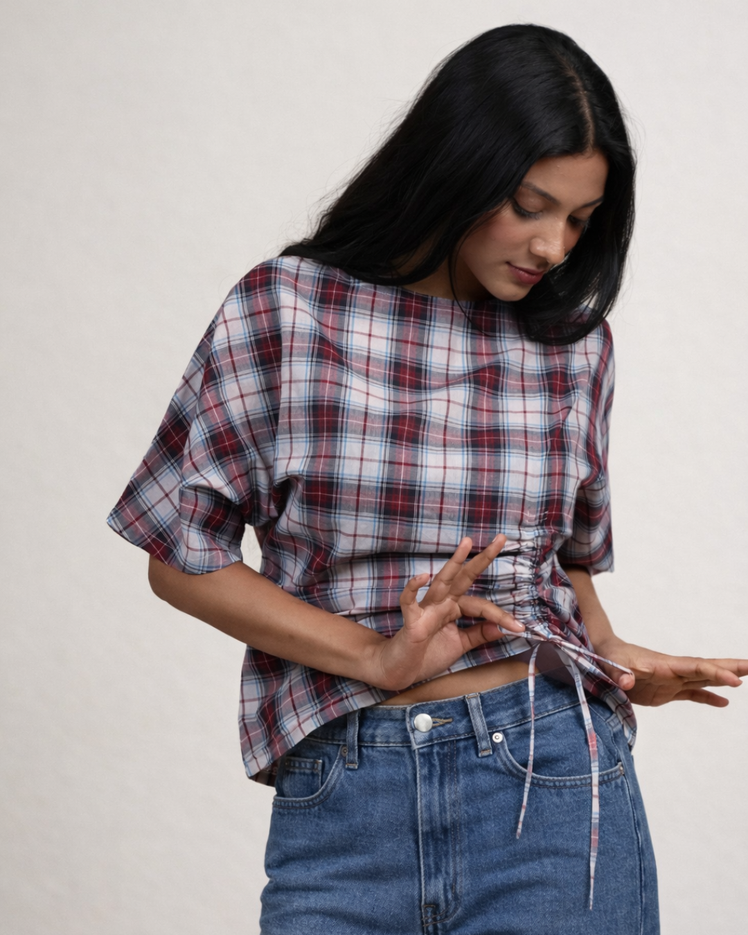 Drawstring Plaid Top