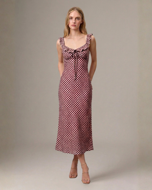 Merlot Gingham Tie-Back Dress
