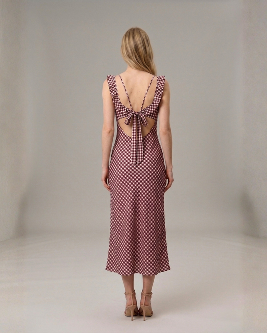 Merlot Gingham Tie-Back Dress