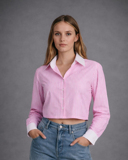 CLASSIC PINSTRPE PINK CROP SHIRT