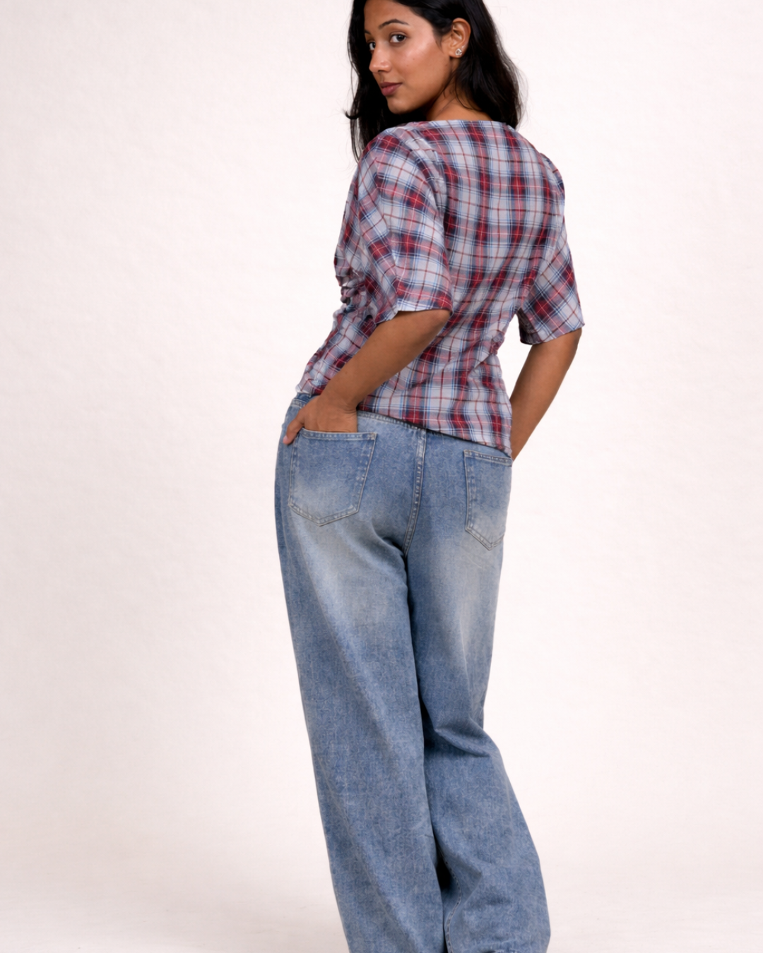 Drawstring Plaid Top