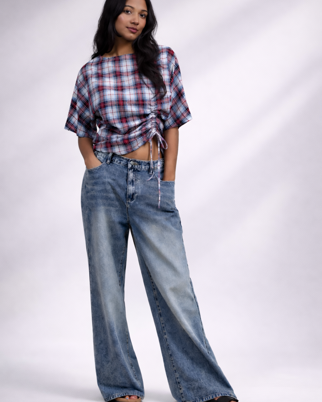 Drawstring Plaid Top