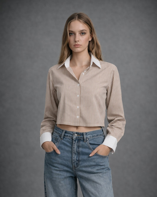 CLASSIC PINSTRPE BEIGE CROP SHIRT